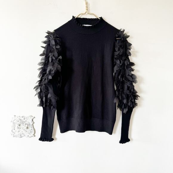 Sioni Sweaters - Sioni Black Petal Frill Sleeve Ruffle Neck Sweater M
